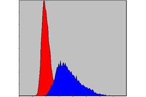Flow cytometric analysis of Jurkat cells using ITK mouse mAb (blue) and negative control (red).