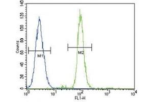 CD14 antibody flow cytometric analysis of A549 cells (right histogram) compared to a negative control (left histogram).
