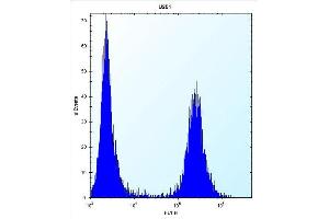 FLNA Antibody  (ABIN392193 and ABIN2841898) flow cytometric analysis of  cells (right histogram) compared to a negative control cell (left histogram).