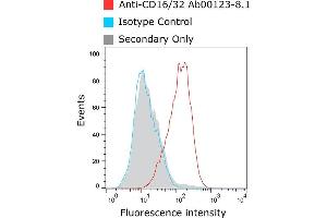 Anti-CD16/32 staining of murine macrophages Murine bone marrow-derived macrophages (BMDMs) were stained with anti-CD16/32 antibody  (as well as isotype control) and bound antibody detected using goat IgG anti-rat IgG (H&L-chain) polyclonal antibody directly conjugated to Alexa Fluor® 647(AF647) commercially available from a competitor. (Recombinant CD32/CD16 anticorps)