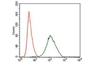 Flow cytometric analysis of NIH3T3 cells using PLK1 mouse mAb (green) and negative control (red).