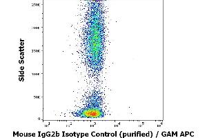 Flow cytometry surface nonspecific staining pattern of human peripheral whole blood stained using mouse IgG2b Isotype control (MPC-11) purified antibody (concentration in sample 2 μg/mL).