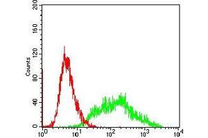 Flow cytometric analysis of SW620 cells using VIL1 mouse mAb (green) and negative control (red).