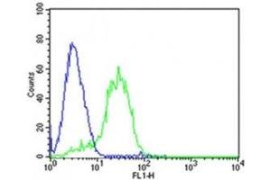 Flow cytometric analysis of HepG2 cells using DLK1 antibody (green) compared to an isotype control(blue).