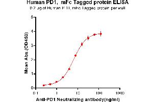 ELISA plate pre-coated by 2 μg/mL (100 μL/well) Human PD1, mFc-His tagged protein (ABIN6961098, ABIN7042225 and ABIN7042226) can bind Anti-PD-1 Neutralizing antibody ABIN6964419 and ABIN7272555 in a linear range of 0.
