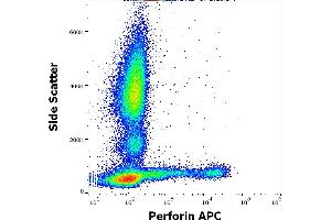Flow cytometry intracellular staining pattern of human peripheral whole blood stained using anti-Perforin (dG9) APC antibody (10 μL reagent / 100 μL of peripheral whole blood). (Perforin 1 anticorps  (APC))