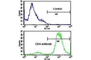 Flow cytometric analysis of CEM cells using CD4 polyclonal antibody (bottom histogram) compared to a negative control cell (top histogram). (CD4 anticorps  (AA 58-86))