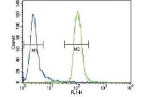 MUSK antibody flow cytometric analysis of CEM cells (right histogram) compared to a negative control cell (left histogram). (MUSK anticorps  (AA 829-859))