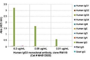 ELISA analysis of Human IgG3 monoclonal antibody, clone RM119  at the following concentrations: 0. (Lapin anti-Humain IgG3 Anticorps (Biotin))