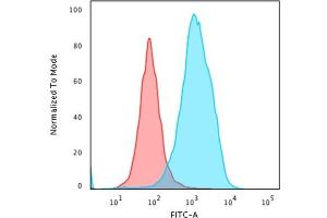 Flow Cytometric Analysis of paraformaldehyde-fixed HeLa cells using HSP60 Mouse Monoclonal Antibody (LK1) followed by goat anti-Mouse IgG-CF488 (Blue); Isotype Control (Red). (HSPD1 anticorps)