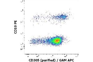 Flow cytometry multicolor surface staining of human lymphocytes stained using anti-human CD305 (NKTA255) purified antibody (concentration in sample 2 μg/mL, GAM APC) and anti-human CD19 (LT19) PE antibody (20 μL reagent / 100 μL of peripheral whole blood). (LAIR1 anticorps)