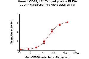 ELISA plate pre-coated by 2 μg/mL (100 μL/well) Human CD93 Protein, hFc Tag (ABIN7092839, ABIN7272528 and ABIN7272529) can bind Anti-CD93(biosimilar) mAb in a linear range of 3.