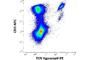 Flow cytometry multicolor surface staining of human lymphocytes stained using anti-human TCR Vgamma9 (B3) PE antibody (10 μL reagent / 100 μL of peripheral whole blood) and anti-human CD3 (UCHT1) APC antibody (5 μL reagent / 100 μL of peripheral whole blood). (TCR V gamma 9 anticorps (PE))