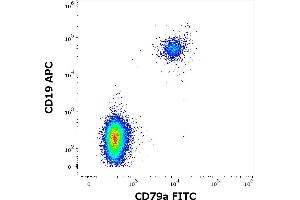 Flow cytometry multicolor intracellular staining pattern of human lymphocytes using anti-human CD79a (HM47) FITC antibody (4 μL reagent / 100 μL of peripheral whole blood) and anti-human CD19 (LT19) APC antibody (10 μL reagent / 100 μL of peripheral whole blood). (CD79a anticorps  (AA 208-222) (FITC))