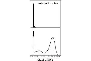 Surface staining (mass cytometry) of human peripheral blood cells (after ammonium chloride red blood cell lysis) with anti-human CD15 173Yb.