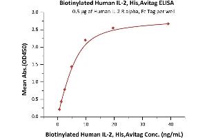 Immobilized Human IL-2 R alpha, Fc Tag (ABIN2181382,ABIN2181381) at 5 μg/mL (100 μL/well) can bind Biotinylated Human IL-2, His,Avitag (ABIN6938917,ABIN6950990) with a linear range of 0. (IL-2 Protein (AA 21-153) (His tag,AVI tag,Biotin))