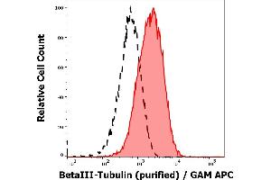 Separation of MCF-7 cells stained using anti-betaIII-Tubulin (TU-20) purified antibody (concentration in sample 9 μg/mL, GAM APC, red-filled) from MCF-7 cells unstained by primary antibody (GAM APC, black-dashed) in flow cytometry analysis (intracellular staining).