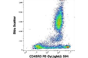 Flow cytometry surface staining pattern of human peripheral whole blood stained using anti-human CD45R0 (UCHL1) PE-DyLight® 594 antibody (4 μL reagent / 100 μL of peripheral whole blood).