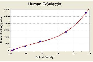 Diagramm of the ELISA kit to detect Human E-Select1 nwith the optical density on the x-axis and the concentration on the y-axis. (Selectin E/CD62e Kit ELISA)