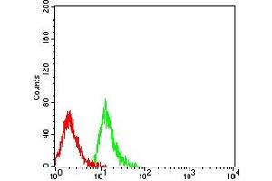 Flow cytometric analysis of MOLT4 cells using CD299 mouse mAb (green) and negative control (red).