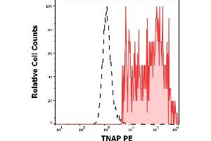 Separation of TNAP positive HeLa cells (red-filled) from TNAP negative HeLa cells (black-dashed) in flow cytometry analysis (surface staining) of HeLa cellular suspension stained using anti-TNAP (W8B2B10) PE antibody (concentration in sample 1.