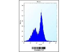 Flow cytometric analysis of Ramos cells (right histogram) compared to a negative control cell (left histogram).
