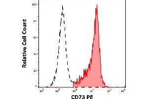Separation of human CD73 positive B cells (red-filled) from CD73 negative CD19 negative lymphocytes (black-dashed) in flow cytometry analysis (surface staining) of human peripheral whole blood stained using anti-human CD73 (AD2) PE antibody (10 μL reagent / 100 μL of peripheral whole blood).