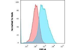 Flow Cytometric Analysis of PFA-fixed MCF-7 cells using Ubiquitin-Monospecific Mouse Monoclonal Antibody (UBB/1748) followed by goat anti-Mouse IgG-CF488 (Blue); Isotype Control (Red).