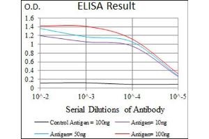 Red: Control Antigen (100ng) ; Purple: Antigen (10ng) ; Green: Antigen (50ng) ; Blue: Antigen (100ng).