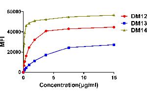 Affinity ranking of different Rabbit anti-CD22 mAb clones by titration of different concentration onto Raji cells.