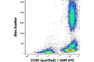 Flow cytometry surface staining pattern of human peripheral whole blood stained using anti-human CD50 (MEM-171) purified antibody (concentration in sample 0,6 μg/mL, GAM APC). (ICAM-3/CD50 anticorps)