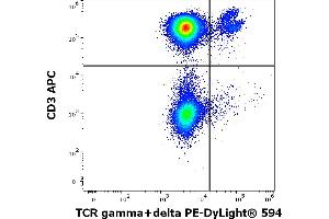 Flow cytometry multicolor surface staining of human lymphocytes stained using anti-human TCR gamma/delta (B1) PE-DyLight® 594 antibody (4 μL reagent / 100 μL of peripheral whole blood) and anti-human CD3 (UCHT1) APC antibody (10 μL reagent / 100 μL of peripheral whole blood). (TCR gamma/delta anticorps  (PE-DyLight 594))