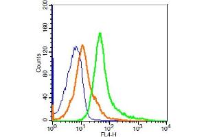 RSC96 cells probed with CD163/M130 Polyclonal Antibody, ALEXA FLUOR® 647 Conjugated (bs-2527R-A647) at 1:20 for 30 minutes compared to control cells (blue)and isotype control (orange).