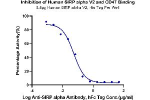 Serial dilutions of Anti-SIRP alpha Antibody, hFc Tag were added into Human SIRP alpha V2, His Tag : Biotinylated Human CD47 Protein, His Tag binding reactioins.