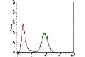 Flow cytometric analysis of Hela cells using IL3RA mouse mAb (green) and negative control (red).