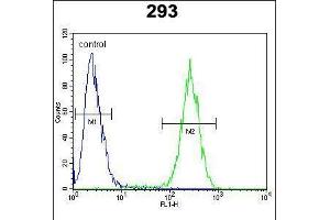 Flow cytometric analysis of 293 cells (right histogram) compared to a negative control cell (left histogram). (Ensa anticorps  (AA 39-66))