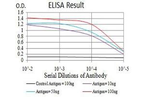 Black line: Control Antigen (100 ng),Purple line: Antigen (10 ng), Blue line: Antigen (50 ng), Red line:Antigen (100 ng) (ROP1 (AA 42-183) anticorps)