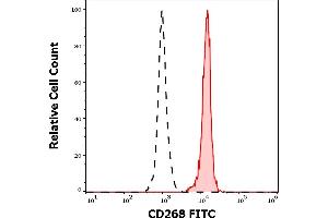 Separation of human CD268 positive lymphocytes (red-filled) from CD268 negative lymphocytes (black-dashed) in flow cytometry analysis (surface staining) stained using anti-human CD268 (11c1) FITC antibody (10 μL reagent / 100 μL of peripheral whole blood).
