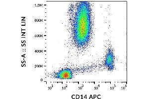 Surface staining of human peripheral blood cells with anti-human CD14 (MEM-15) APC. (CD14 anticorps  (APC))