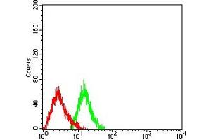 Flow cytometric analysis of HL-60 cells using CD232 mouse mAb (green) and negative control (red). (Plexin C1 anticorps  (AA 35-234))