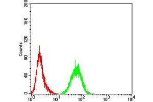 Flow cytometric analysis of Hela cells using ADIPOQ mouse mAb (green) and negative control (red). (ADIPOQ anticorps  (AA 16-154))
