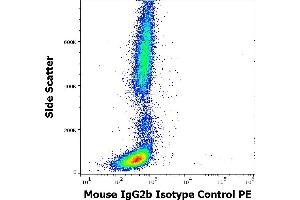 Flow cytometry surface nonspecific staining pattern of human peripheral whole blood stained using mouse IgG2b Isotype control (MPC-11) PE antibody (concentration in sample 5 μg/mL). (Souris IgG2b isotype control (PE))