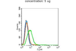 A549 cells probed with CD10 Polyclonal Antibody, Unconjugated  at 1:20 for 30 minutes followed by incubation with a conjugated secondary -PE) (green) for 30 minutes compared to control cells (blue), secondary only (light blue) and isotype control (orange).