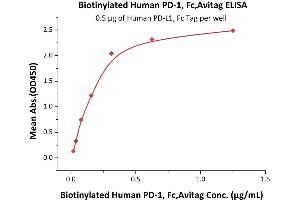 Immobilized Human PD-L1, Fc Tag (ABIN2181596,ABIN2181595) at 5 μg/mL (100 μL/well) can bind Biotinylated Human PD-1, Fc,Avitag (ABIN5674606,ABIN6253684) with a linear range of 0.
