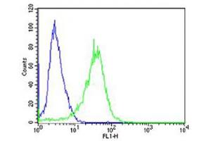 Flow cytometric analysis of A431 cells using PCSK9 Antibody (N-term) (green, Cat(ABIN652320 and ABIN2841467)) compared to an isotype control of rabbit IgG(blue).