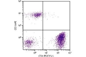 Human peripheral blood lymphocytes were stained with Mouse Anti-Human CD3-PE/CY5. (CD3 anticorps  (PE-Cy5.5))