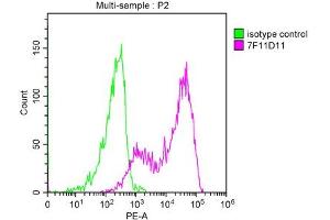 Overlay histogram showing 293 cells transfected with PD-L2 stained with ABIN7164680 (red line). (PDCD1LG2 anticorps  (AA 21-118))
