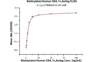 Immobilized Ibalizumab at 1 μg/mL (100 μL/well) can bind Biotinylated Human CD4, Fc,Avitag (ABIN5674591,ABIN6253696) with a linear range of 0. (CD4 Protein (CD4) (AA 26-396) (Fc Tag,AVI tag,Biotin))