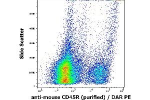 Flow cytometry surface staining pattern of murine splenocyte suspension stained using anti-mouse CD45R (RA3-6B2) purified antibody (concentration in sample 1 μg/mL, DAR PE). (CD45 anticorps)