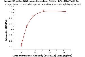 Immobilized Mouse CD3 epsilon&CD3 gamma Heterodimer Protein, His Tag&Flag Tag (ABIN6973007) at 1 μg/mL (100 μL/well) can bind CD3e Monoclonal Antibody  with a linear range of 0. (CD3E & CD3G (AA 23-108) (Active) protein (His tag,DYKDDDDK Tag))